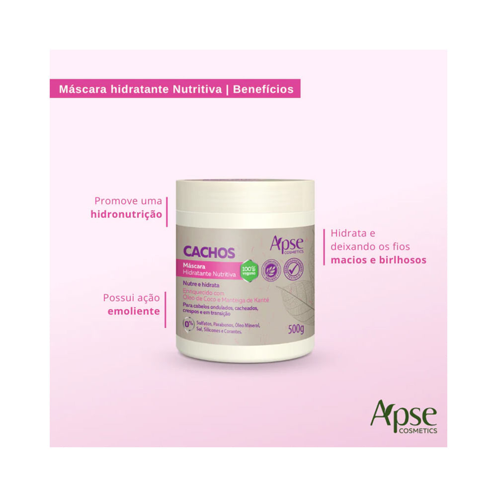 Máscara Capilar Apice Cachos Hidratante Nutritiva 500g com fundo rosa claro destacando benefícios